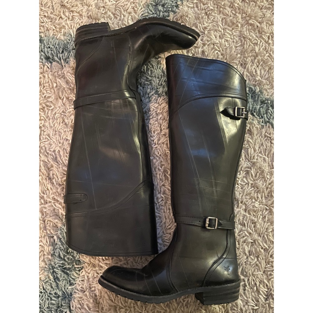 Frye Black Rubber Shearling Tall Riding Rain Boots Buckle Lug Sole Womens Size 8